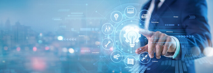 Sustainability expert. Green engineer touching Energy Technology virtual screen to monitor renewable solar power systems, track wind turbine output, and reduce carbon footprint emissions. © FutureLogic Studio