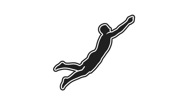 Silhouette of a man diving or flying, dynamic pose, isolated on white background