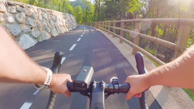 POV of cyclist riding on asphalt bike path at sunset in summer. Slovenia. First person view of male hands on bicycle handlebar cycling on road near wooden fence in green forest. Active sport outdoor