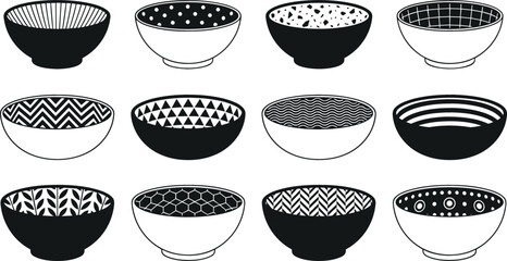 Modern ceramic bowl collection with geometric patterns black and white Japanese style kitchenware icons pottery set clip art vector illustration © MdMehedi