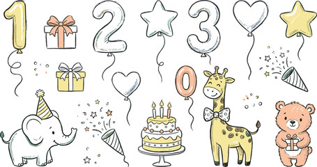 Fototapeta premium Hand drawn baby shower and first birthday celebration collection featuring adorable animals party poppers star balloons and anniversary invitation card design vector elements
