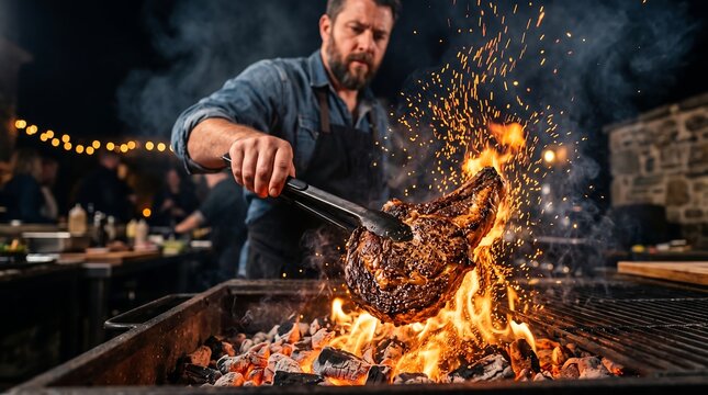 Professional male chef using tongs to lift a huge premium tomahawk beef steak from a blazing charcoal grill with explosive fire flames and flying sparks