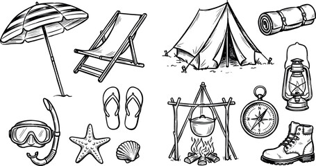 Camping and beach vacation hand drawn vector set with tent campfire lantern compass hiking boot beach umbrella deck chair snorkel isolated on white background © MstRowshanAra