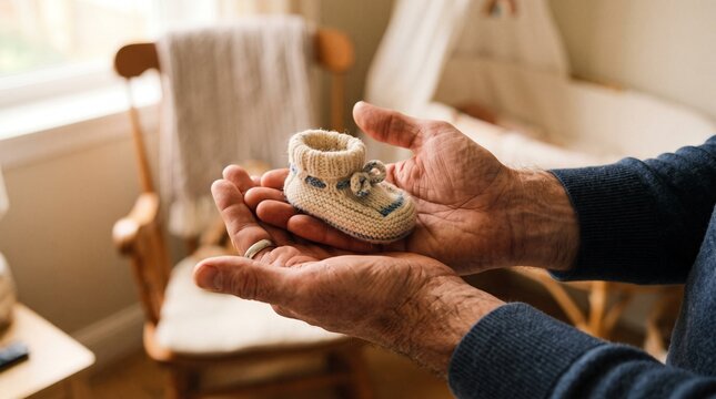 Close-up of a father's weathered hands holding a tiny knitted baby bootie