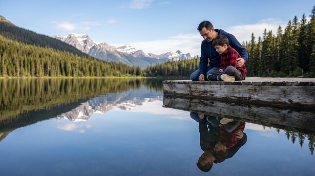Father and son share a quiet moment on a wooden dock overlooking a serene mountain lake