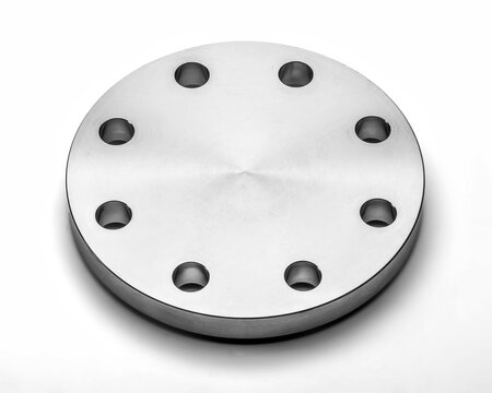 Stainless steel 304 blind flange with phonographic serrated face and bolt holes. Used to seal or terminate industrial and process pipework ends.