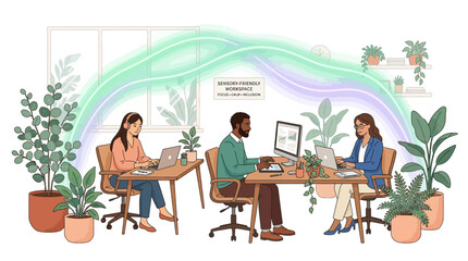 Fototapeta premium Sustainable Eco Friendly Office Workspace with Diverse Employees Working Amidst Green Plants for Wellness and Productivity