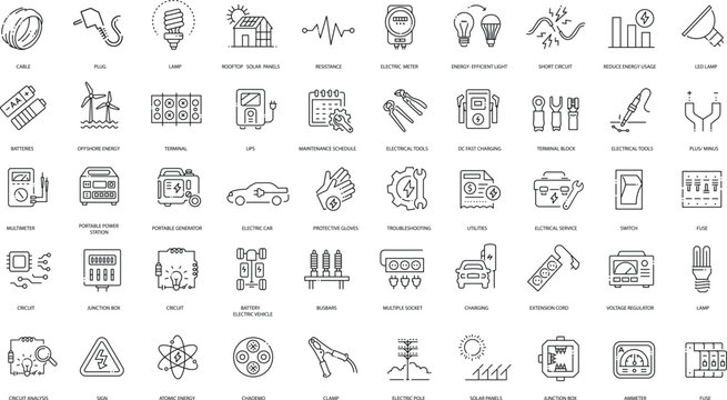 Electrical and Electronics Line Icons Set &ndash; Power, Circuit, Solar Energy, EV Charging, Tools and Equipment Editable Stroke Vector Collection