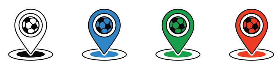 Colorful map location pins with soccer ball symbols representing sports venues and stadium spots. © MOHAMMADSHARIFUL