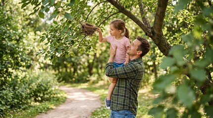 Fototapeta premium Father lifts daughter to examine a bird's nest in a tree on a sunny day