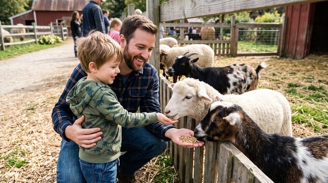 Father and son happily feeding sheep and goats at a petting zoo farm