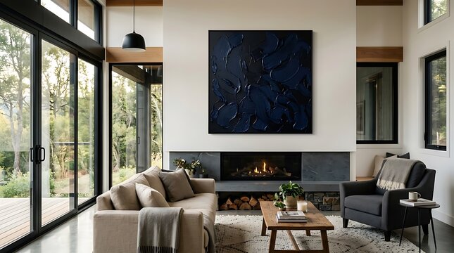 Elegant open plan living room with a striking dark textured painting above a stone fireplace