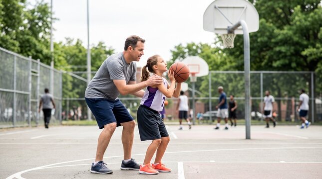 Father teaching daughter basketball skills on outdoor court, fatherhood and sports