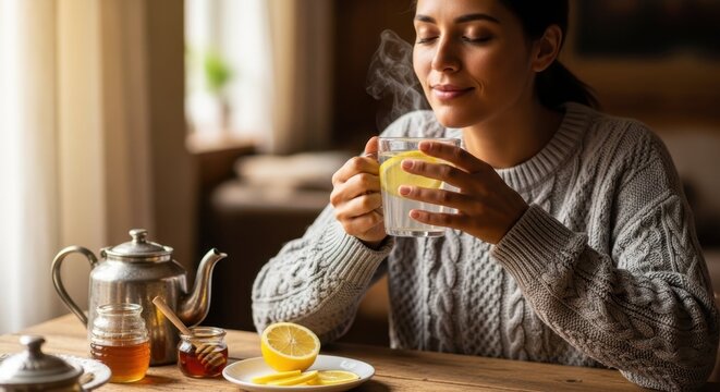 Woman enjoying hot lemon water with honey and teapot on a wooden table. Healthy morning detox drink and natural remedy for cold. Cozy wellness concept