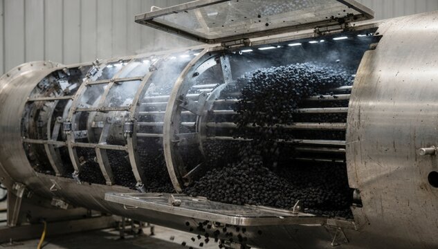 Closeup medium shot of a drum dryer cooling black pellets with open access panels revealing internal mechanics and pellet flow