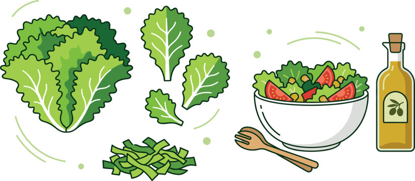 Organic leaf lettuce flat illustration collection with raw green vegetables chopped pile fresh caesar salad bowl wooden spoons and dressing dressing jar