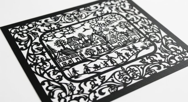 Black paper cut art of a traditional village scene on white background. Intricate Scherenschnitte papercut design with houses and people silhouettes