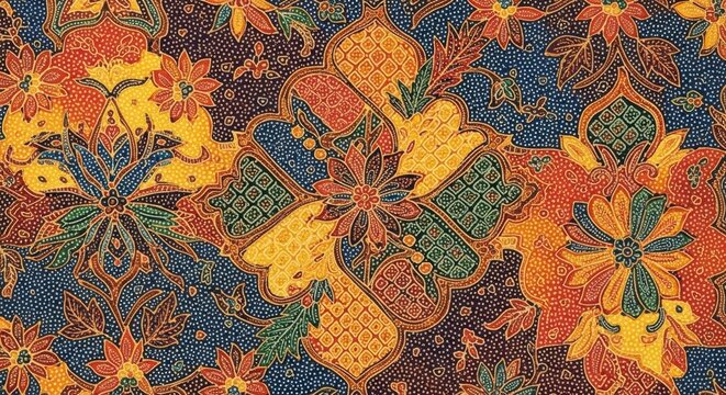 Traditional Indonesian batik fabric pattern with colorful floral and geometric motifs. Detailed ethnic textile background