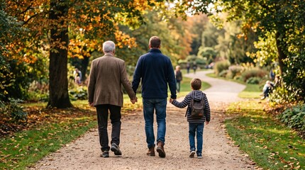 Fototapeta premium Three generations of men walking together in a beautiful autumn park
