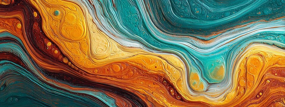 An abstract fluid art painting with swirling patterns in shades of gold, orange, and teal, creating a mesmerizing, organic texture