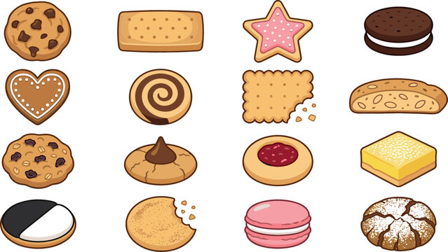 Delicious cookie biscuit cracker set with chocolate chip macaron shortbread gingerbread sandwich biscotti and sugar cookies vector cartoon illustration