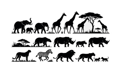 Naklejka premium Collection of African wildlife silhouettes in black and white on a clean background