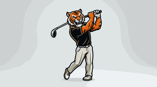 Aggressive tiger mascot in athletic pose swinging a golf club with intensity