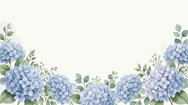 Delicate blue hydrangea flowers border with green leaves on a textured white background