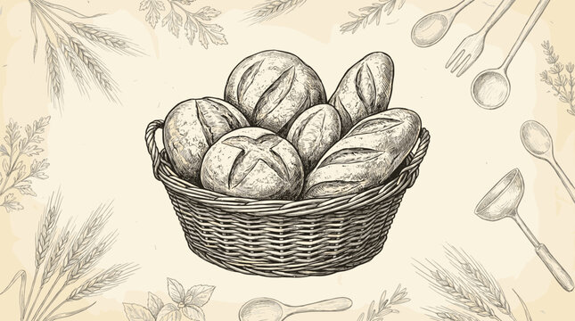 Artistic sketch of a woven basket filled with assorted fresh baked bread loaves