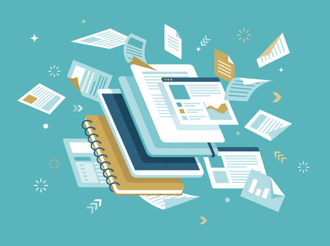 This illustration depicts a vibrant workspace with floating documents, notebooks, and colorful elements that inspire creativity and organization in an office setting.
