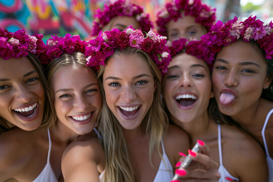 Gruppe junger Frauen mit pinken Blumenkr&auml;nzen macht grimassierendes Selfie