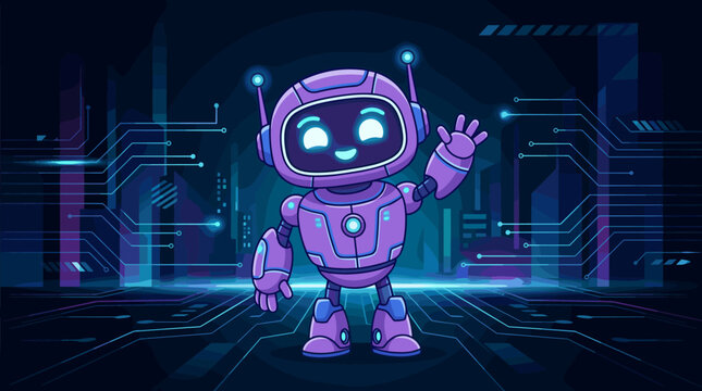 Cute purple robot waving hello in a futuristic digital city landscape