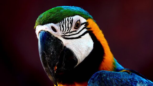 Extreme close-up footage of a blue and yellow macaw showing intricate feather patterns, eye detail and powerful beak in natural light.