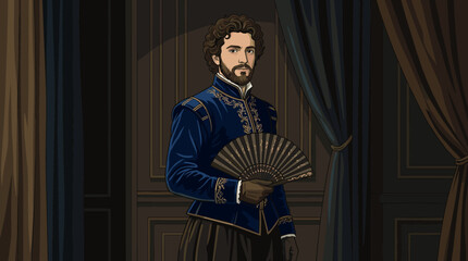 Obraz premium Renaissance nobleman in ornate blue attire holding a decorative fan