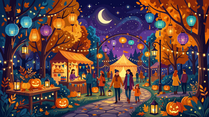 Fototapeta premium Autumn festival at night with glowing lanterns and jack-o'-lanterns