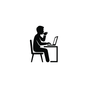 Man working on laptop and drinking coffee vector silhouette icon freelancing concept