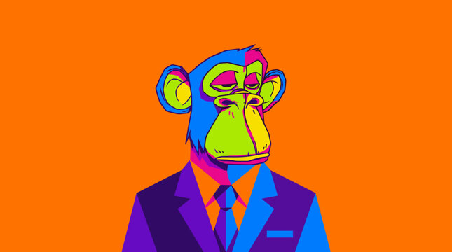 Vibrant pop art monkey character in a suit against an orange background