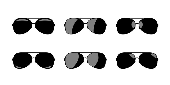 Six stylized aviator sunglasses icons in black and gray on white