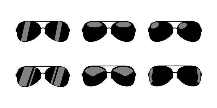 Six variations of aviator sunglasses with black frames and gray lenses on white