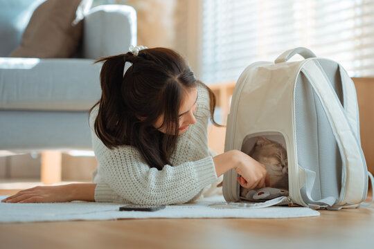 Young Asian woman lying on living room floor and playing with her cute cat inside a pet carrier backpack, beautiful female pet owner caring for her domestic kitten at home for lifestyle