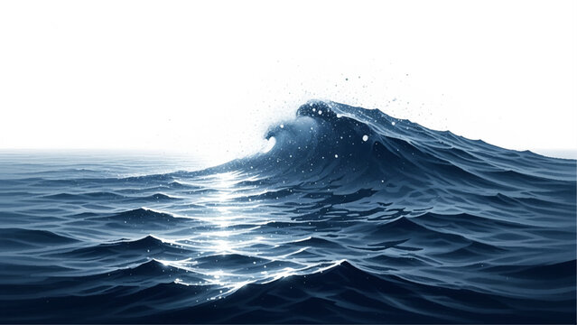 Realistic of a dark blue ocean wave with white foam, light reflections, and water droplets on a white background
