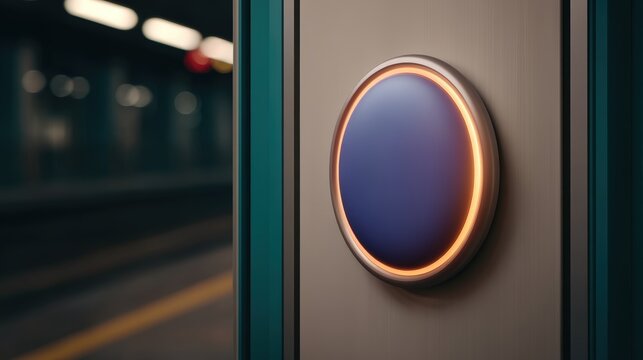 A sleek, modern circular light fixture glows warmly on a wall near a blurred subway platform.