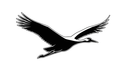 Naklejka premium Black silhouette of a majestic crane bird in graceful flight with wings outstretched against a clean white background.