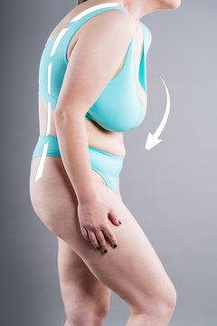 Bad posture, spine curvature and heavy breast burden concept. Curvy woman slumping with downward infographic arrows
