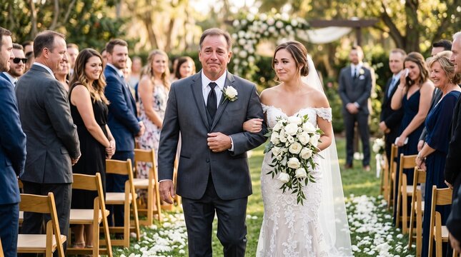 Father emotionally walks his daughter down the aisle at a wedding ceremony