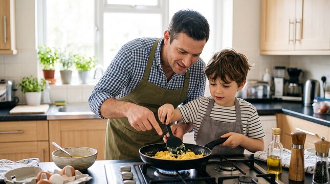 Father and son cooking scrambled eggs together in a bright, modern kitchen