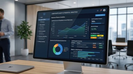 Fototapeta premium Audit process digital interface with charts for business finance analytics and corporate success, high quality commercial