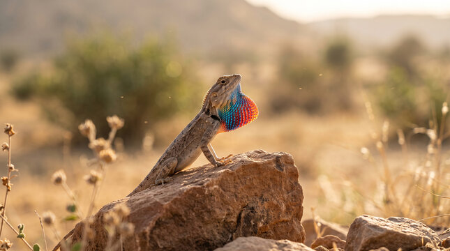 Male Fan-Throated Lizard showing colorful dewlap on a sandy mound at golden hour.