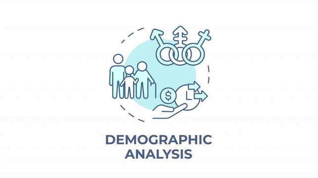 Demographic analysis blue concept icon animation. Human population metrics studying. Diverse consumer segments. Financial savings. Cyan circular animated abstract idea. HD video with alpha channel