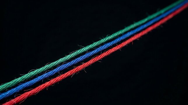 Three vibrant colored strings of green, blue, and red yarn isolated on a dark black background
